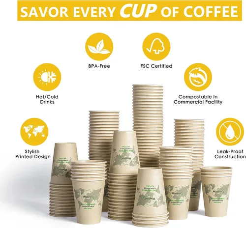 Vista 3 de MayTree Tazas de café caliente de papel desechables de 12 onzas, tazas de papel de bambú compostables y biodegradables para llevar y café helado