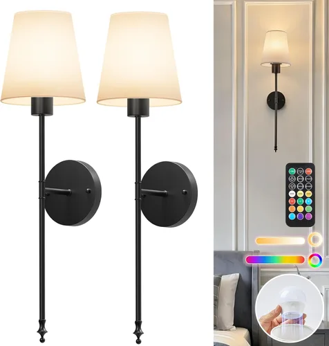 Vista 10 de Brightown RGBWW - Juego de 2 apliques de pared con pilas, luces de pared inalámbricas recargables con bombillas magnéticas regulables y control