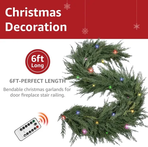 Vista 3 de Guirnalda de Navidad de Cedro con Luces para Repisa de Chimenea - Realista de Tacto Real 9 Pies Guirnaldas Artificiales de Pino Sintético
