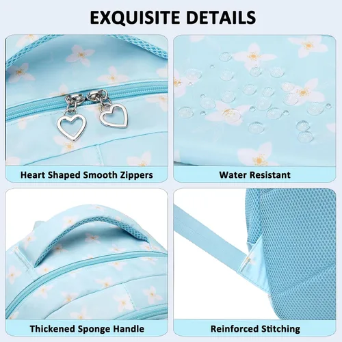 Vista 3 de Sugaroom Mochila escolar con lonchera para niñas adolescentes, Flor azul, Mochila floral con lonchera y bolsa para lápices