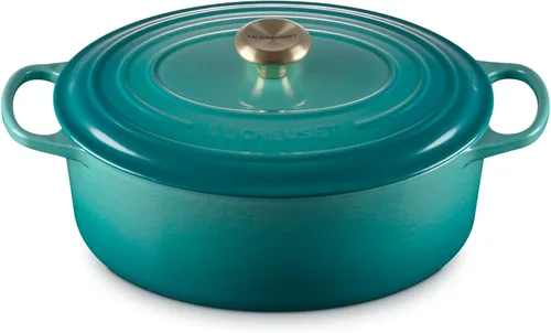 Vista 21 de Le Creuset - Olla holandés redonda con tapa de cocina, hecha de hierro fundido esmaltado, 6.75 cuartos de galón, color alcachofa, colección signature