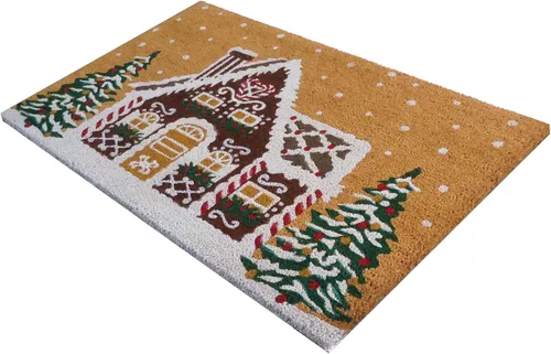 Vista 3 de Superscraper - Tapete para puerta de coco – Diseño de casa de jengibre navideño, tapete duradero para exteriores, resistente a la decoloración