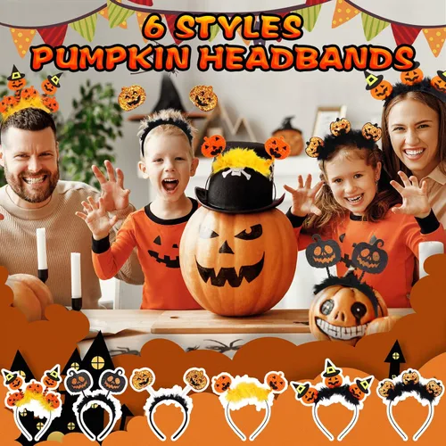 Vista 6 de Yexiya 6 diademas de calabaza de Halloween, sombrero de calabaza, diadema de vestir para mujeres, adultos, niños, suministros de fiesta de disfraces