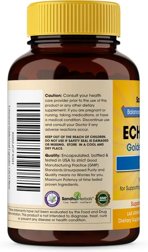 Vista 3 de SANDHUHERBALS Echinacea Goldenseal 1000 mg 120 cápsulas Apoyo del sistema inmunológico Respuesta respiratoria Suplemento de respuesta inflamatoria