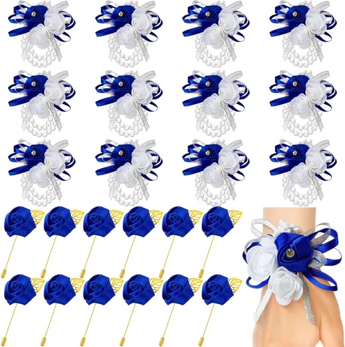 Vista 7 de Tigeen Juego de 24 ramilletes de muñeca y boutonniere para hombre, ramillete de muñeca de boda, flor de mano para madre de novia, novia, decoración
