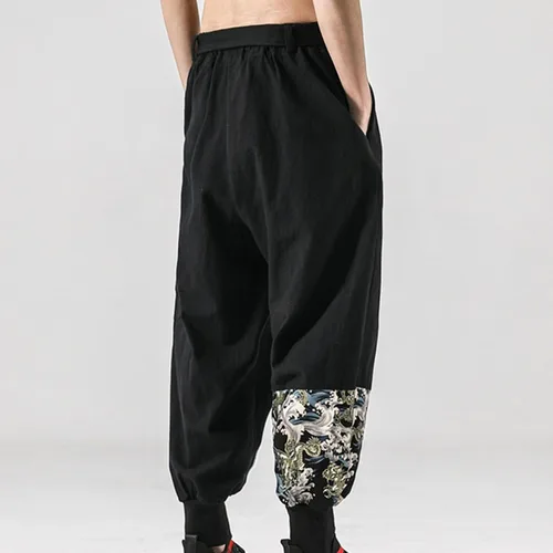 Vista 3 de JEShifangjiusu Pantalones casuales de lino para hombre, ajuste holgado, ligero, con cordón, bordado, para verano, playa, yoga, pantalones largos