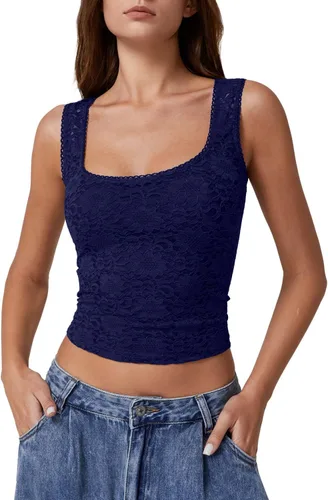 Vista 15 de QINSEN Camiseta sin mangas de doble capa con cuello cuadrado y ribete de encaje para mujer Amarillo claro