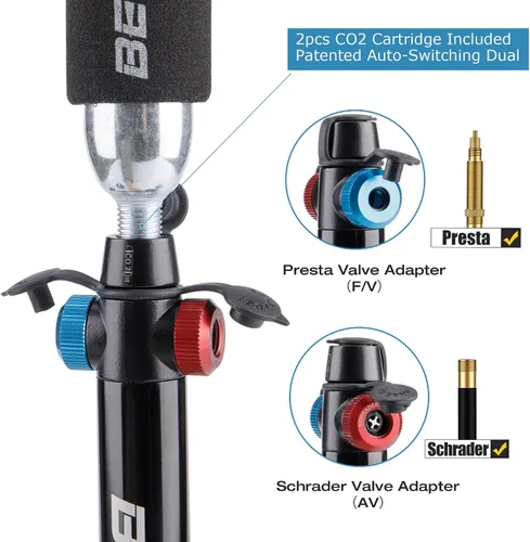 Vista 4 de Mini bomba de bicicleta con inflador de CO2 – Bomba de mano de modo dual/válvula de CO2 – Bomba de neumático de bicicleta portátil patentada