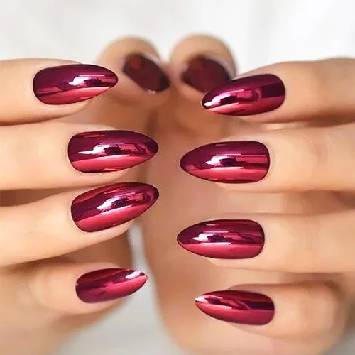 Vista 8 de Uñas postizas a presión cromadas de bronce y almendra mediana, uñas postizas de aguja con diseño brillante, uñas postizas acrílicas de metal