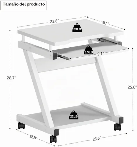 Vista 3 de sogesfurniture Carrito de escritorio portátil compacto para computadoras Blanco