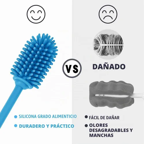 Vista 3 de Silicone Bottle Brush with Long Handle, 12.5" Bottle Cleaning Brush, Blue Azul