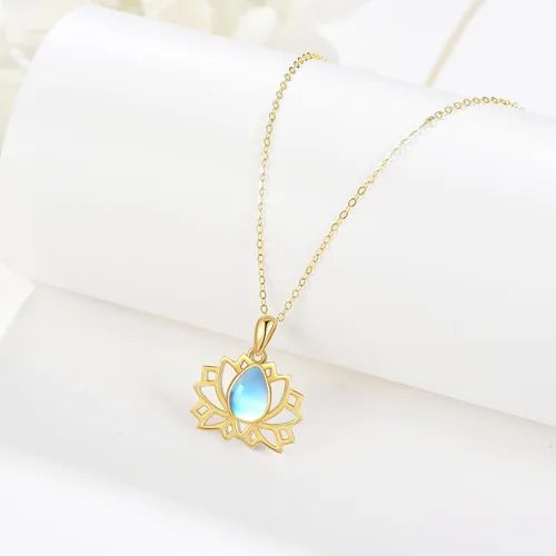 Vista 2 de Collar con colgante de loto de oro amarillo de 14 quilates, collar con colgante de loto de piedra lunar de oro sólido, joyería de loto para mujer