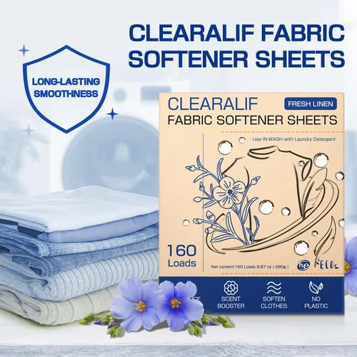 Vista 2 de CLEARALIF Hojas suavizantes de tela para lavandería, aroma de lino fresco, 160 cargas, respetuoso con el medio ambiente, ideal para viajes
