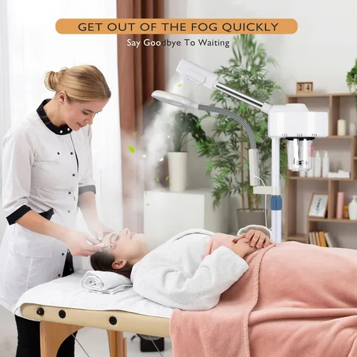 Vista 7 de Fitnessclub 2 en 1 vapor facial 5x LED lámpara de aumento caliente ozono salón de belleza equipo facial para hidratación, blanco