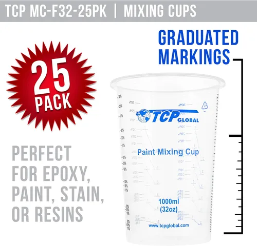 Vista 2 de TCP Global Vasos mezcladores de plástico graduados de 32 onzas (33.8 fl oz) (caja de 25) – Vasos medidores de plástico desechables para líquidos
