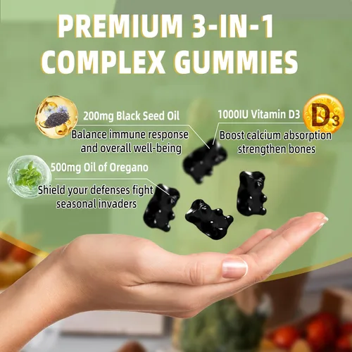 Vista 6 de Gomitas de aceite de orégano, aceite de orégano 3 en 1 con aceite de semilla negra, aceite orgánico de orégano masticables suplementos con vitamina