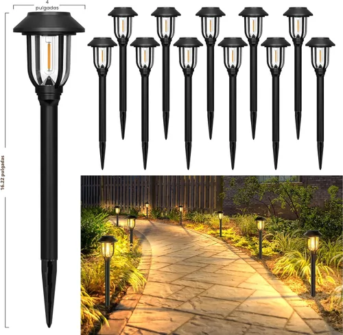 Vista 3 de ILANCK Luces solares para caminos al aire libre, paquete de 12 luces solares para exteriores, impermeables, blanco cálido, encendido y apagado