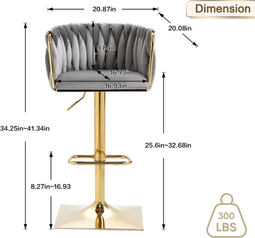 Vista 3 de Juego de 2 taburetes de bar giratorios de terciopelo, taburetes de bar ajustables y cómodos, silla de comedor moderna con respaldo tejido, taburetes