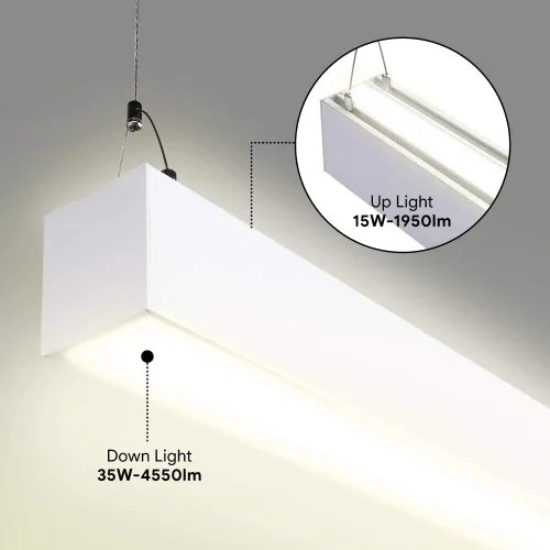 Vista 3 de Euri Lighting EUD4-50W103sw-W, Linkable 4FT Dual CCT Lineal Up/Down Light, 50W, 6500lm, 3000K/4000K/5000K, 120-277V, clasificación húmeda, 0-10V