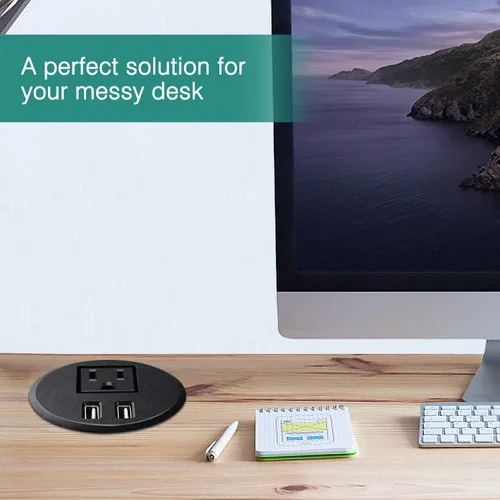 Vista 6 de Ojal de alimentación de escritorio de 2 3/8 pulgadas con orificios de mesa con 2 puertos de carga USB, cable de extensión de 6.5 pies con 1 toma