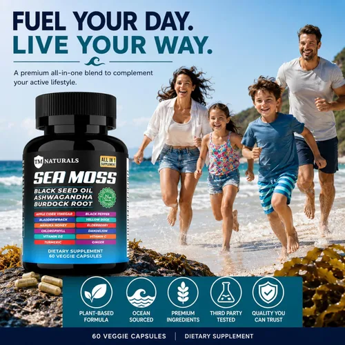 Vista 8 de Musgo marino con aceite de semilla negra, vitamina C, Ashwagandha y cúrcuma para apoyo inmunológico y energía, 60 cápsulas veganas + pastillero