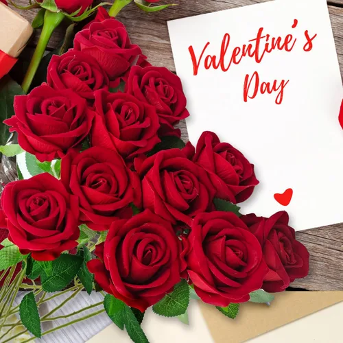 Vista 4 de 12 rosas artificiales de terciopelo con tallos largos, rosas falsas de tacto real para San Valentín, ramo de boda, fiesta, mesa, centro de mesa