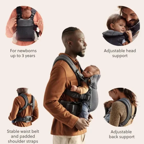Vista 4 de BabyBjörn Portabebés Harmony, Antracita, Malla 3D Portabebés ergonómico 3-en-1; Posiciones soportadas para recién nacido, boca dentro, boca fuera