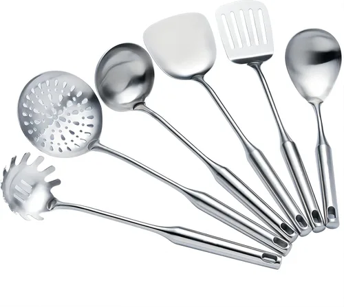 Vista 9 de Juego de utensilios de cocina de acero inoxidable 304 de 4 piezas con asas extralargas, espátula, cucharón, cuchara ranurada, espátula ranurada