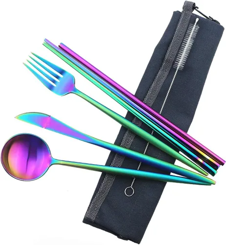 Vista 17 de Utensilios de viaje reutilizables, 7 piezas portátiles de acero inoxidable 304, incluyendo cuchillo, tenedor, cuchara, palillos, cepillo