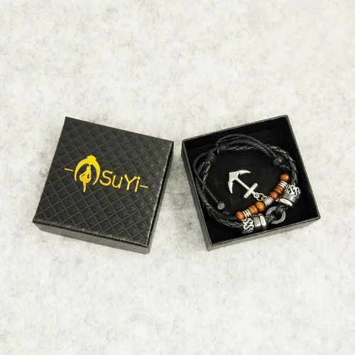 Vista 41 de Suyi brazalete ajustable con varias capas, de cuero tejido trenzado con cruz. Pulsera tipo esclava.