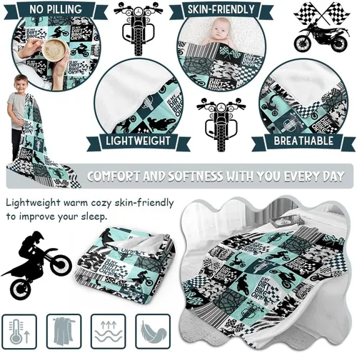 Vista 7 de Manta Fresca de Dirt Bike, Mantas de Regalo de Motocicleta de Deportes Extremos para Niños y Hombres, Manta de Cuadrícula de Retazos con Temática