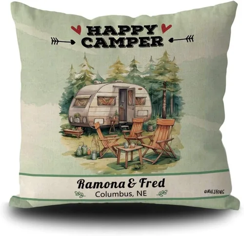 Vista 13 de Personalized Happy Campers Throw Pillow Cover RV Campsite Decoration Pillow Case Fireplace Camping Decor Cushion Cover for Sofa Couch Bed 18x18 Inch
