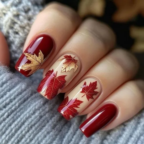 Vista 16 de Uñas postizas a presión de otoño, uñas postizas cortas cuadradas de MABKJLF con diseños de hojas de arce, pegamento brillante en uñas, uñas