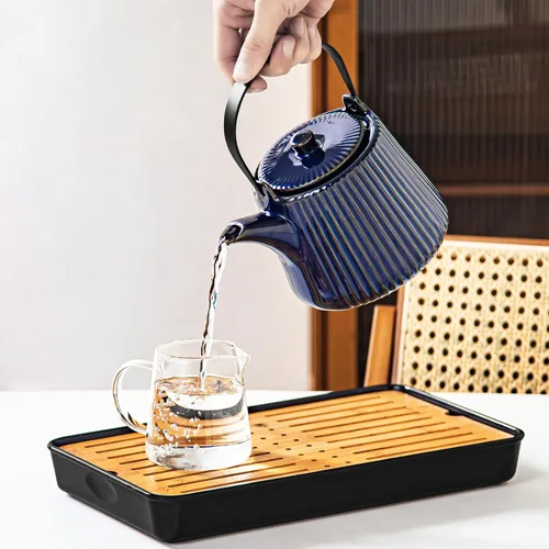 Vista 4 de Yundu Teteras de Cerámica Azul Profundo, 1000ml/33.8oz Tetera, Suficiente para 4 Tazas, Tetera con Infusores para Té Suelto, Tetera a Rayas