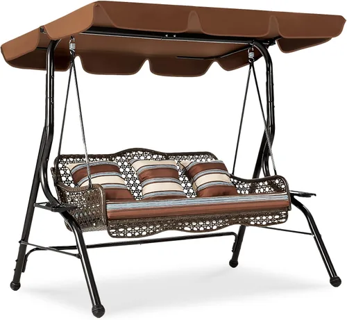 Vista 7 de AECOJOY Silla columpio de 3 asientos, columpio de patio con toldo, 2 bandejas laterales, 3 almohadas y cojín extraíble, columpio de mimbre