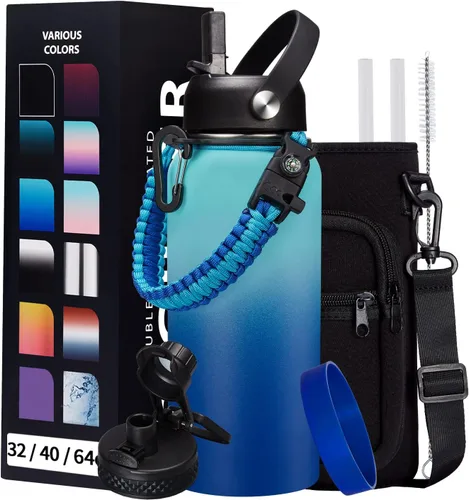 Vista 35 de Botella de agua aislada de 1 galón, con popote y tapa de pico automático, mango de paracord, funda para botella, botella de agua de acero inoxidable