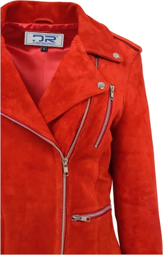 Vista 5 de Divergent Retail DR217 Women's Hardrock Biker Chich Leather Jacket Red Suede