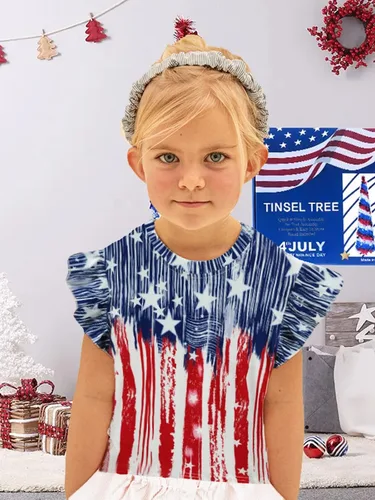 Vista 3 de Camisetas patrióticas para niñas del 4 de julio con volantes y bandera americana, manga corta, color rojo, blanco y azul, con estrellas