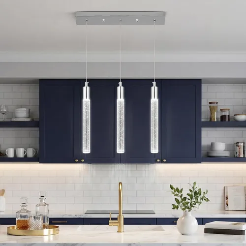 Vista 25 de Iluminación colgante moderna para isla de cocina, lámpara colgante regulable LED con acabado cromado, mini iluminación colgante de cristal