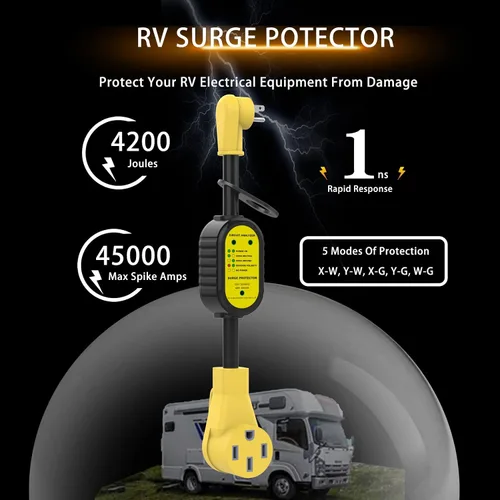 Vista 4 de EyGde Adaptador de 50 amperios a 15 amperios 110 RV – Adaptador de corriente patentado 4200J con protector de sobretensiones – Analizador