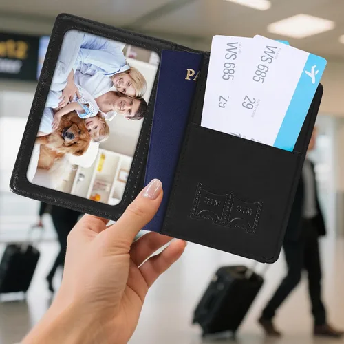 Vista 2 de Soporte para pasaporte para viajes, funda de pasaporte con bloqueo RFID con soporte para bolígrafo, funda de cuero para pasaporte, accesorios