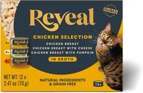Vista 9 de Reveal Fish & Chicken - Paquete variado de comida húmeda para gatos en caldo, paquete de 12, 3 sabores, proteínas, ingredientes limitados, sin