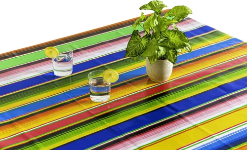Vista 2 de Alux Serape - Mantel de plástico PVC de vinilo color azul y amarillo, mantel de plástico (55 x 70 pulgadas, rectangular), azul, amarillo, rojo
