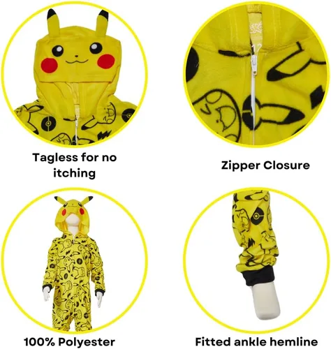 Vista 3 de Pokemon Pijama de una pieza para niños, disfraz de Pikachu con capucha o para dormir con cremallera frontal, tallas 4-10, Multi