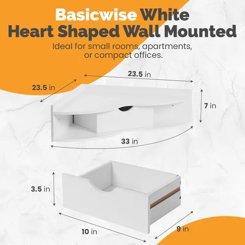 Vista 2 de Basicwise Mesa de oficina montada en la pared en forma de corazón blanco con cajón y dos estantes Escritorio de esquina de escritura