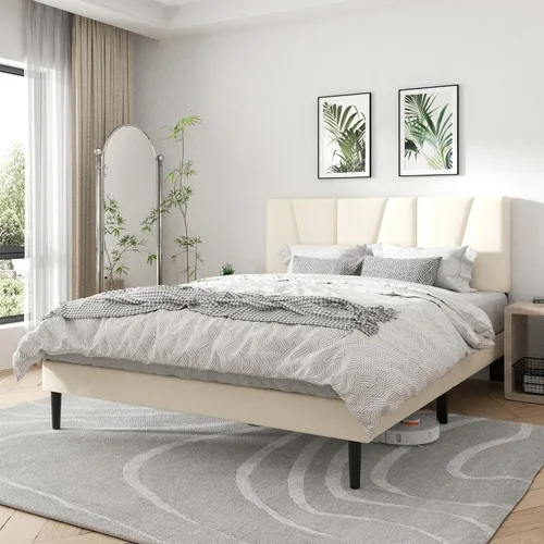 Vista 3 de CXVX Estructura de cama de plataforma de tamaño completo con cabecera tapizada geométrica, sin ruido, soporte de listones de madera, no necesita