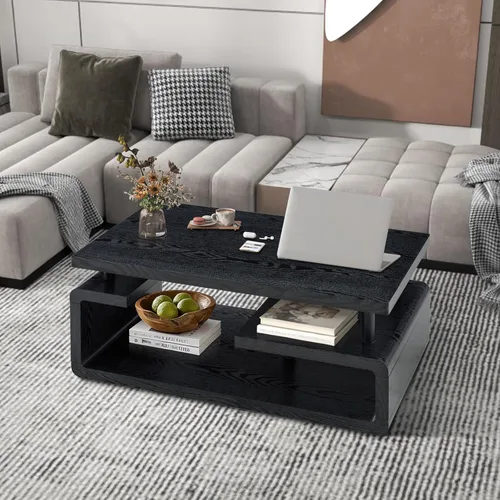 Vista 8 de Mesa auxiliar de 43.3 pulgadas, mesa central moderna de 3 niveles con almacenamiento, mesa de centro grande de madera para sala de estar, oficina