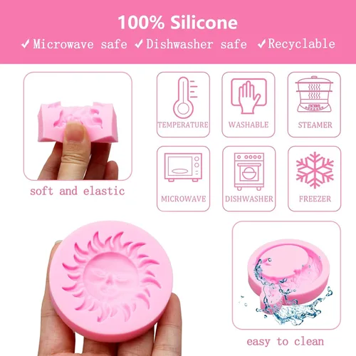Vista 3 de Juego de moldes de silicona, formas de estrella de sol y luna, rosa, moldes para hornear dulces de chocolate, 5 piezas con temática celestial