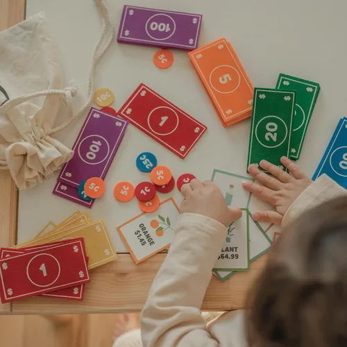 Vista 8 de Good Ground Juego de simulación para niños de fieltro educativo Montessori juguete dólares billetes monedas, billetera, juego de conteo para niños