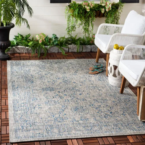 Vista 37 de SAFAVIEH Alfombra lavable al aire libre, colección Courtyard - 2'3" x 5', azul aguamarina y gris, no desprende pelusa y fácil limpieza, ideal